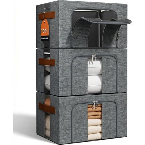 Boite Rangement Vetement Pliable: Sac de Empilables Cadres Métal pour le Organisateur des Vêtements des idéal pour Ranger Doudounes, Pulls et linge de lit Placard (Gris, 3x100L) (1/5)