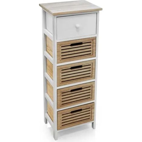 Cómoda de madera blanca y natural 34 x 25 x 95 cm con 5 cassetti