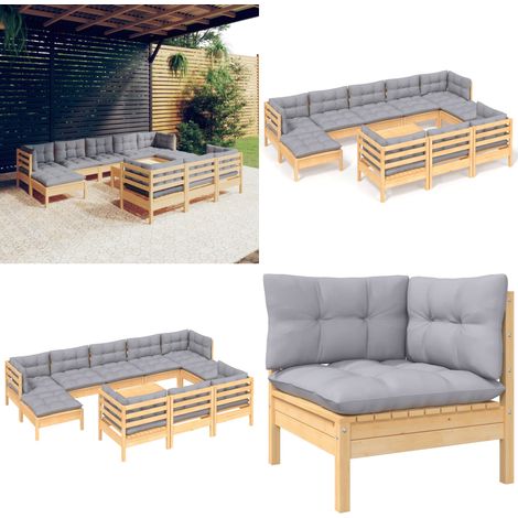 11-tlg. Garten-Lounge-Set mit Grauen Kissen Kiefer Massivholz - Gartensessel - Lounge Set - Gartenmöbeln - Outdoor Möbel - Rattan Sessel - Home & Living (1/5)