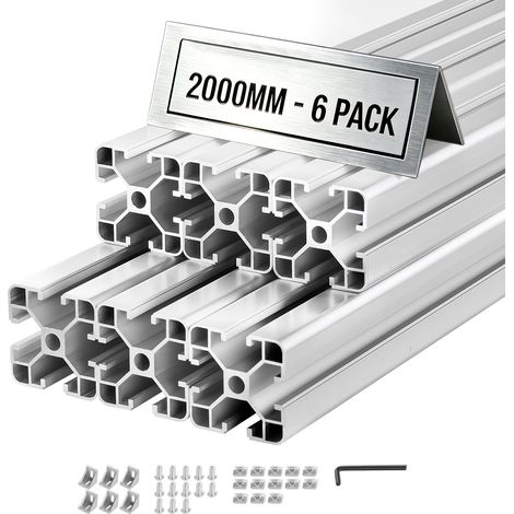 VEVOR Perfil de Extrusión de Aluminio 4040 Ranura en T Estándar Europeo, Carril Lineal de Extrusión 2000 mm, Perfil de Aluminio para Marcos de Impresoras 3D, Bancos de Trabajo CNC, 6 Piezas, Plata (1/5)