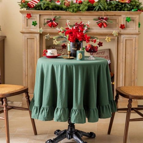 Nappe ronde 180cm Coton Lin avec bord volant Vert Foncé