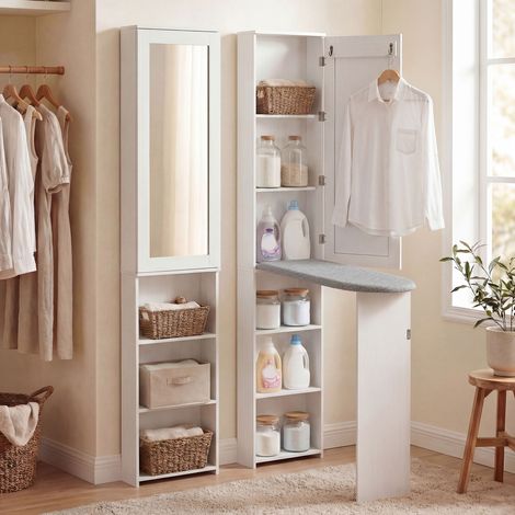 Faltbar Bügelbrettschrank mit Tür internen Regalen Spiegel Platzsparend Bügeltisch für Wäschepflege 106x35x174 cm Weiß (1/5)