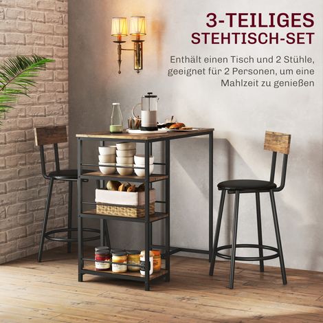 Ensemble repas 3 pièces table haute et 2 tabourets, petit mobilier cuisine avec étagères latérales, MDF, métal, noir