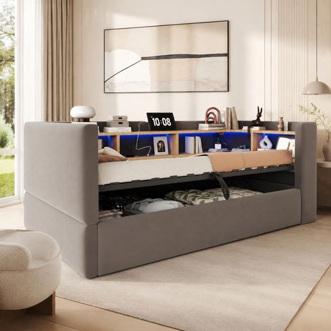 Cama canapé con arcón 90 x 190 cm, LED y enchufes, gris oscuro OKMYHOME (1/5)
