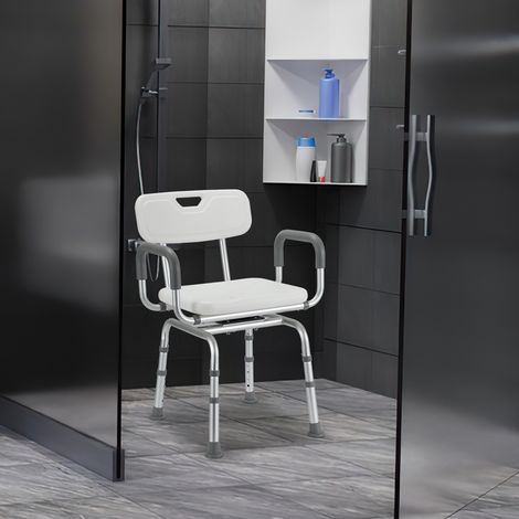 TolleTour Chaise de douche réglable en hauteur pour personnes âgées, siège de douche pivotant à 360° avec dossier, accoudoirs et pieds en caoutchouc antidérapants (1/5)