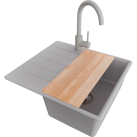 PRIMAGRAN Evier Cuisine en Granit 55x50cm, Lavabo 1 bac + Robinet 32x20cm + Kit de Vidage + Accessoire, Évier à Encastrer au meuble 40cm - Copenhague, Gris (1/5)