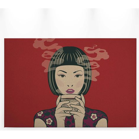 Tableau japonais insipiration pop art manga | Tableau femme avec tasse de thé | Tableau moderne violet pour couloir & bureau - 0,9 x 0,6 m (1/5)