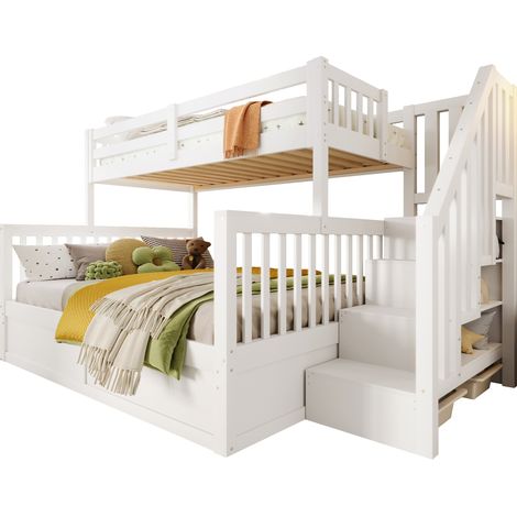 Lit superposé, 90 x 200 cm + 140 x 200 cm, hydraulique, escalier de rangement, espace de rangement, sans matelas, blanc