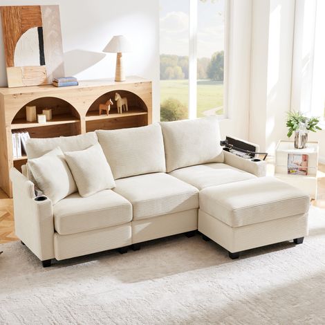 Canapé d’angle en velours côtelé beige 213,5 x 139 cm, 3 places convertible avec pouf mobile et USB (1/5)