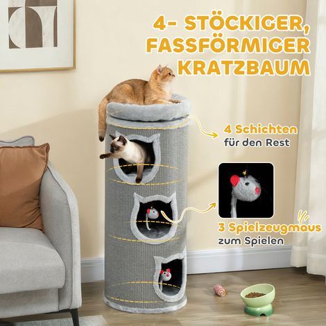 Griffoir tonneau 96 cm, arbre à chat 4 niveaux avec panier lavable, 3 cachettes, jouets pendants, pour plusieurs chats, gris (1/4)