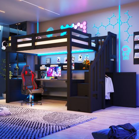 Cama alta infantil 90x200 cm con LED, escalera con almacenamiento, armario integrado, estructura estable de madera - negro (1/5)
