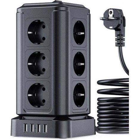 Überspannungsschutz-Verlängerungskabel (4000 W/16 A), Turmsteckdosenleiste mit 4 USB-Anschlüssen und 12 Steckdosen, Steckdosenleiste mit Einzelschaltern, 5 m Kabel