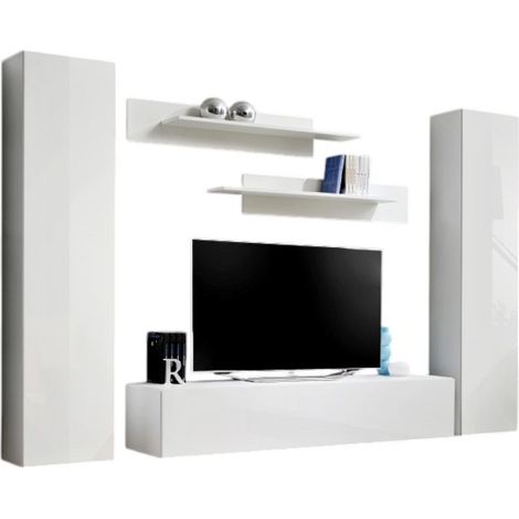 Composizione murale FLY A1 – Mobile TV sospeso e colonne – Bianco lucido – Design moderno (1/2)