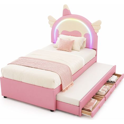 Letto per bambini 90x200 cm a forma di unicorno con letto estraibile e cassetti, in PU rosa, facile da pulire, per cameretta moderna e giocosa – CHICFURN (1/5)