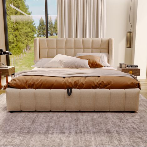 DESVIAE Lit rembourré avec rangement 180 x 200 cm sommier à lattes tête de lit tissu beige adulte chambre Metal Fabric (1/5)