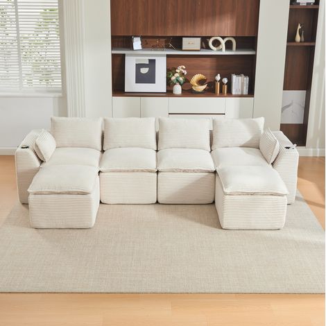 Divano modulare 322x161x75 cm beige in corduroy con tasche laterali e cuscini (1/5)