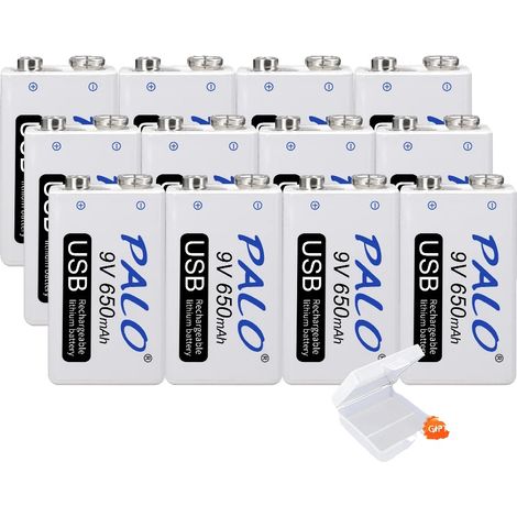 Batería recargable de 9 V, capacidad de 650 mAh, carga mediante Micro USB, paquete de 12 baterías, 9 V (1/2)