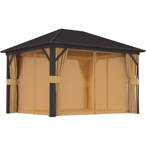 Outsunny 3.6 x 3(m) Metal Garden Hardtop Gazebo with Screened Curtain Brown (1/5)
