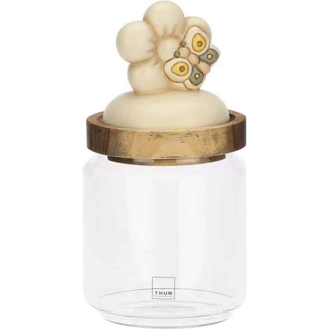 Bocal en verre avec couvercle en bois, petite version, conteneurs alimentaires, ligne Elegance, 400 ml de capacité, Ø 9 cm, 11 cm h