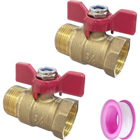 2 x 3/4" Brass Ball Valve with Red Wing Handle (1/5)