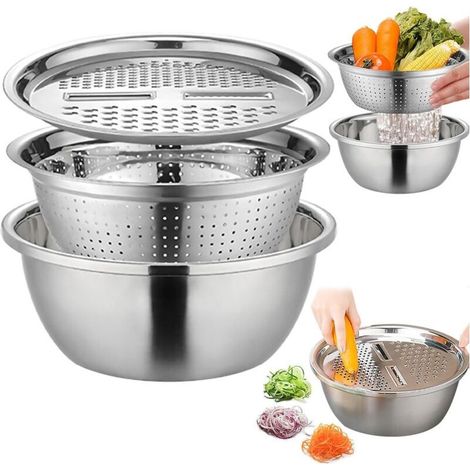 Ensemble de bassins Multifonctions en Acier Inoxydable 3 en 1 - Panier de vidange - Bol mélangeur - Râpe de Cuisine - Essoreuse à Salade - Fruits - Légumes - Riz - Passoire de Lavage p