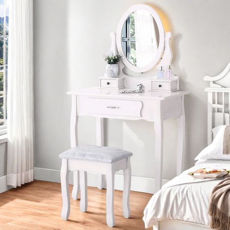 Coiffeuse avec tabouret, miroir rotatif à 360°, 3 tiroirs, amovible comme bureau, coiffeuse en bois, blanc (livraison locale, garantie 2 ans) (1/5)