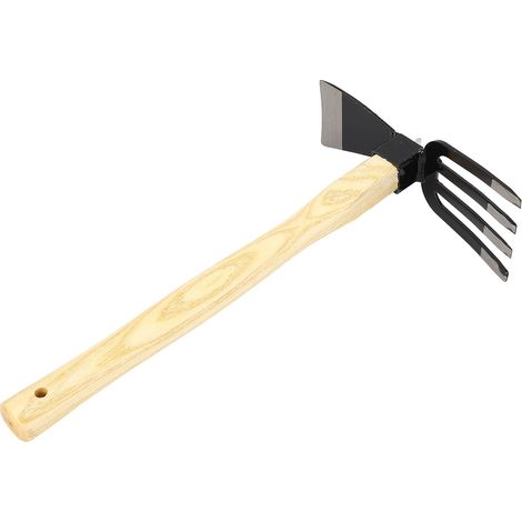 Outil de jardinage manuel : houe, râteau, en acier au carbone avec manche en bois, pour désherber, récolter, creuser et planter. (1/5)