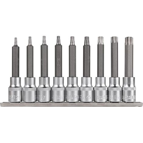 9 x Torx Sockets 1/2 Inch (12.5 mm), Long Torx Socket Set with Plug-In Rail, Extra Long 100 mm, Steel CV, T20, T25, T27, T30, T40, T45, T50, T55, T60 (1/5)