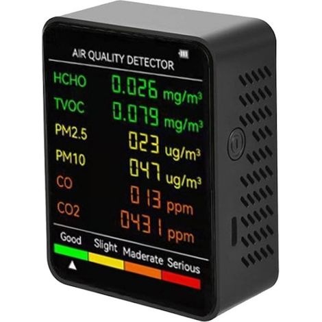 Appareil de mesure de la qualité de l'air, 6 valeurs mesurées, détecteur de dioxyde de carbone (CO2), rechargeable, noir (1/2)