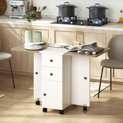 Table cuisine pliable 2 plateaux rabattables 2 tiroirs 1 placard blanc chêne (1/5)