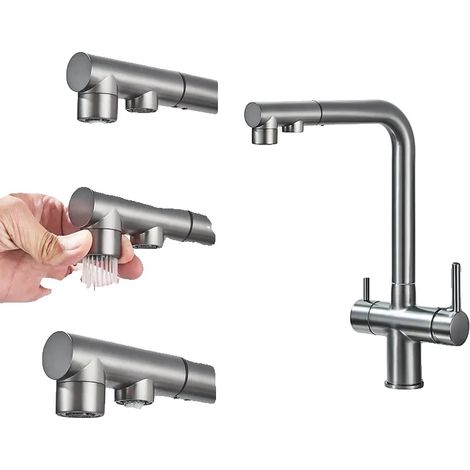 Grifo de cocina con purificador de agua, rociador extraíble, mezclador de agua fría y caliente, color gris. (1/2)