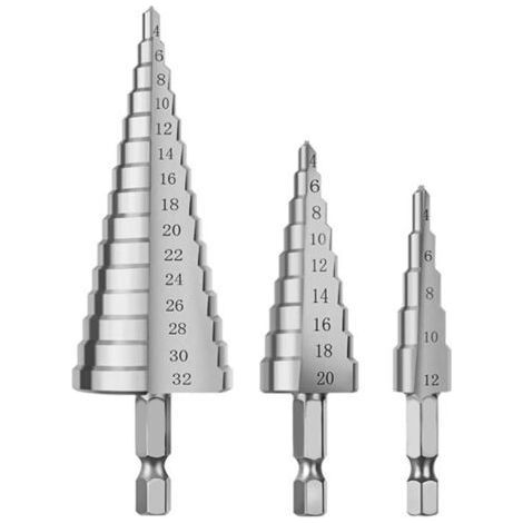 Step Drill Bit, HSS Metal Countersink Drill Bit 3PCS 4-12/20/32mm Step Drill Steel Countersink Drill Triangle Conical Drill with Titanium Coating Screwdriver Drilling for Steel/Wood/Brass/Plastic/PVC (1/5)