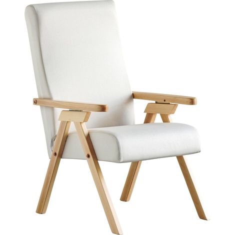 Fauteuil en Bois Relax inclinable fût Naturel Tissu Blanc Perle Amovible (1/5)