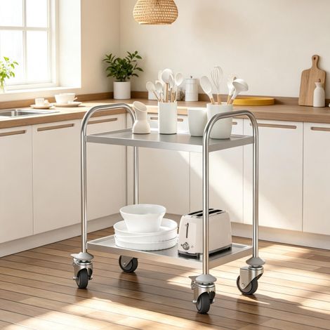 Carro de cocina de 2 estantes con ruedas y frenos, acero inoxidable cromado gris DESVIAE (1/5)