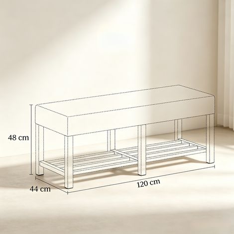Banc de rangement moderne en bois de caoutchouc avec coussin en lin beige 120x44x48 cm (1/5)