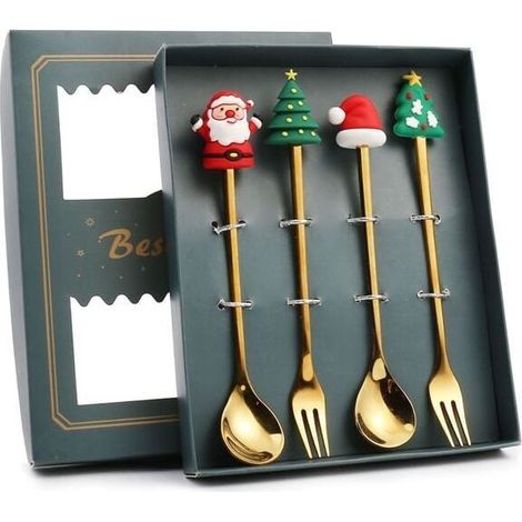 Ensemble de cuillères et fourchettes de noël en acier inoxydable, vaisselle décorative en forme d'arbre de père noël pour le dîner à la maison avec boîte verte 4 pièces (1/4)