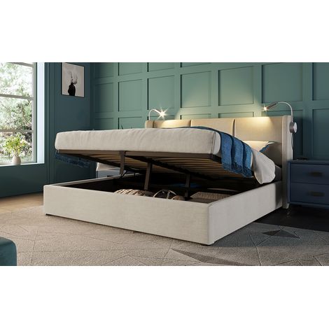 Lit double rembourré avec rangement, coffre de lit, lampe de lecture avec charge USB, tête de lit, cadre de lit en lin, lit ado 140x200 avec sommier à lattes (sans matelas) (1/5)