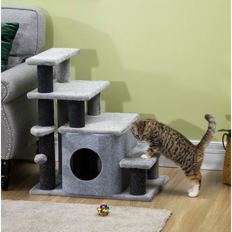 Arbre à chat modulable 60x40x66 cm en panneaux de bois gris, avec niche FloraGrace (1/5)