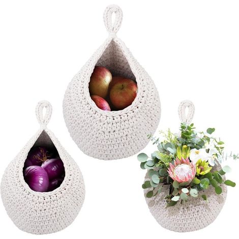3Pcs Hängende Obstkörbe für die Küche, Hängender Korb Baumwolle Teardrop Hängende Körbe, Platzsparende Aufbewahrungs für Gemüse, Zwiebeln, Kartoffeln und Obst - Beige