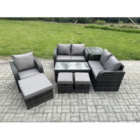 Fimous 8-Sitzer Rattan Gartenmöbel Sofa Set Tisch & Stühle Set mit Beistelltisch 3 Hockern Dunkelgrau Gemischt (1/5)