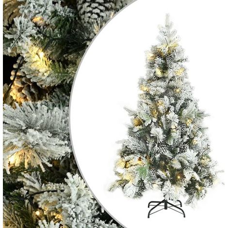 Sapin de Noël pré-illuminé avec décorations en flocons de neige et pommes de pin floquées, 195 cm, en PVC/PE (1/5)