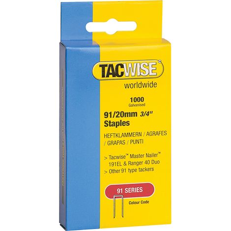 Tacwise 0284 91 Narrow Crown 20mm Staples Galv 1000 Pack for 191 Duo 35 Ranger