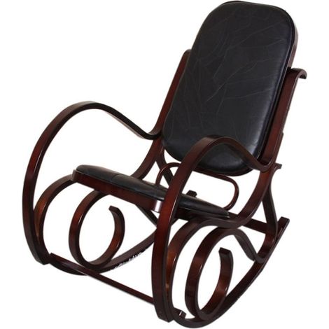 Décoshop26 – Fauteuil à bascule rocking chair en bois noyer – Assise cuir patchwork noir – Dimensions 50x90x90cm – SKU FAB04010 (1/4)