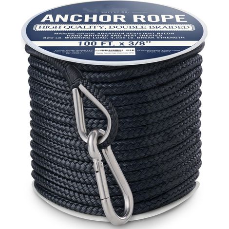 Corde d'amarrage en nylon noir pour bateau, ligne de remorquage nautique, 100 ft (30 m), avec mousqueton à came en métal, équipement d'accostage (1/5)