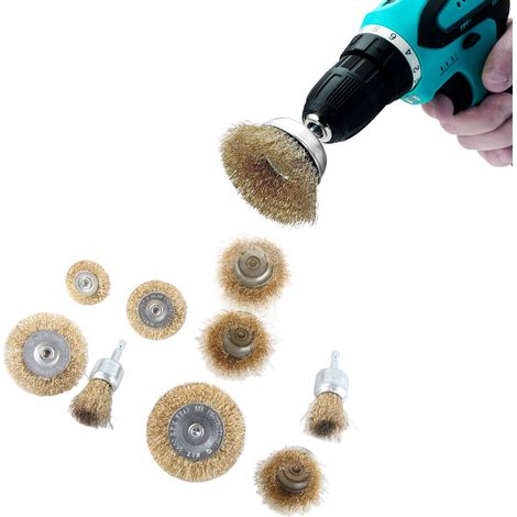Lot de 9 brosses métalliques pour perceuse, roues et coupelles à tige hexagonale 1/4 pouce, pour bois et métal (1/5)