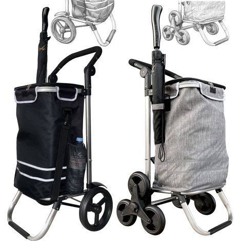 Faltbarer Aluminium Einkaufstrolley 57L (48L + 9L Kühlfach) Schwarz, 50kg Traglast, 35x45x98cm, EVA Treppenräder Ø32cm, Klappbar, Als Sackkarre & Umhängetasche nutzbar, Einkaufswagen Haken
