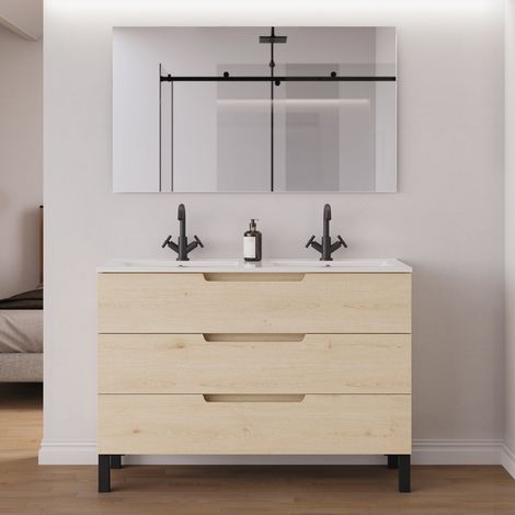 Meuble de salle de bain 120cm double vasque - 3 tiroirs - roble calima (bois clair) - RIZA (1/5)