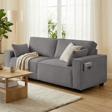 Canapé 3 places de 218 cm, canapé moderne en velours côtelé avec ressorts ensachés, larges accoudoirs et 2 coussins, gris clair