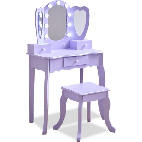 Teamson Kids Heart-Shaped Vanity in Violet with LED Lights, Triple Mirror, Stool & Storage Drawers, Encourages Creativity, Confidence & Organization (1/5)