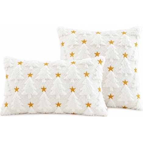 Housse de coussin de Noël 45x45cm en peluche, motif Père Noël brodé, décoration de Noël 45x45cm sapin blanc brodé étoiles (1/4)